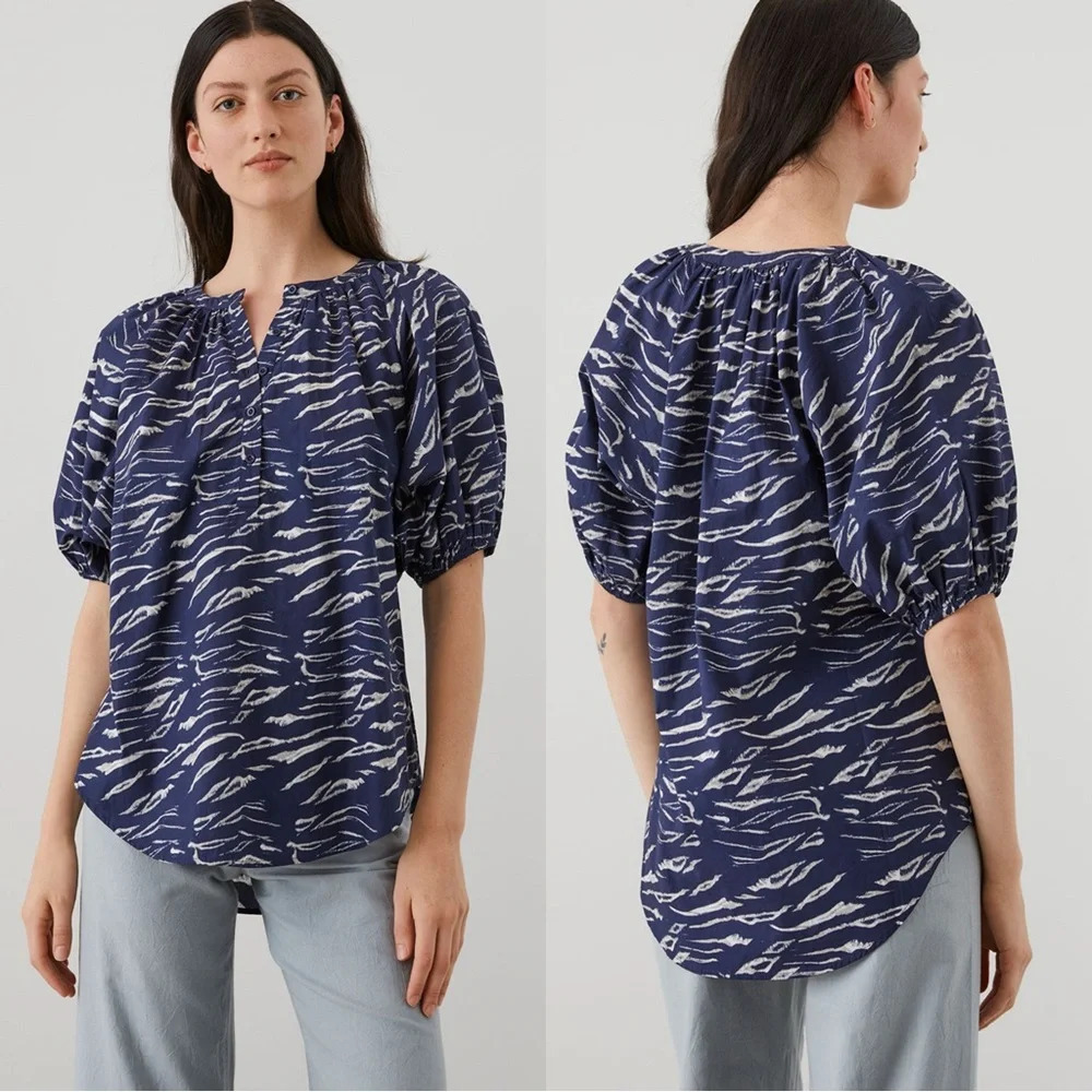Apiece Apart Rosa Top Blouse Short Puff Sleve 100% Organic Cotton Navy Size S